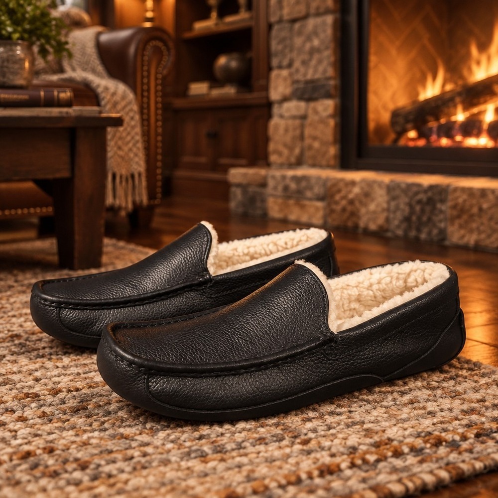 UGG Ascot Men's Size 12 Black Leather Sheepskin Lined Slippers Moccasins